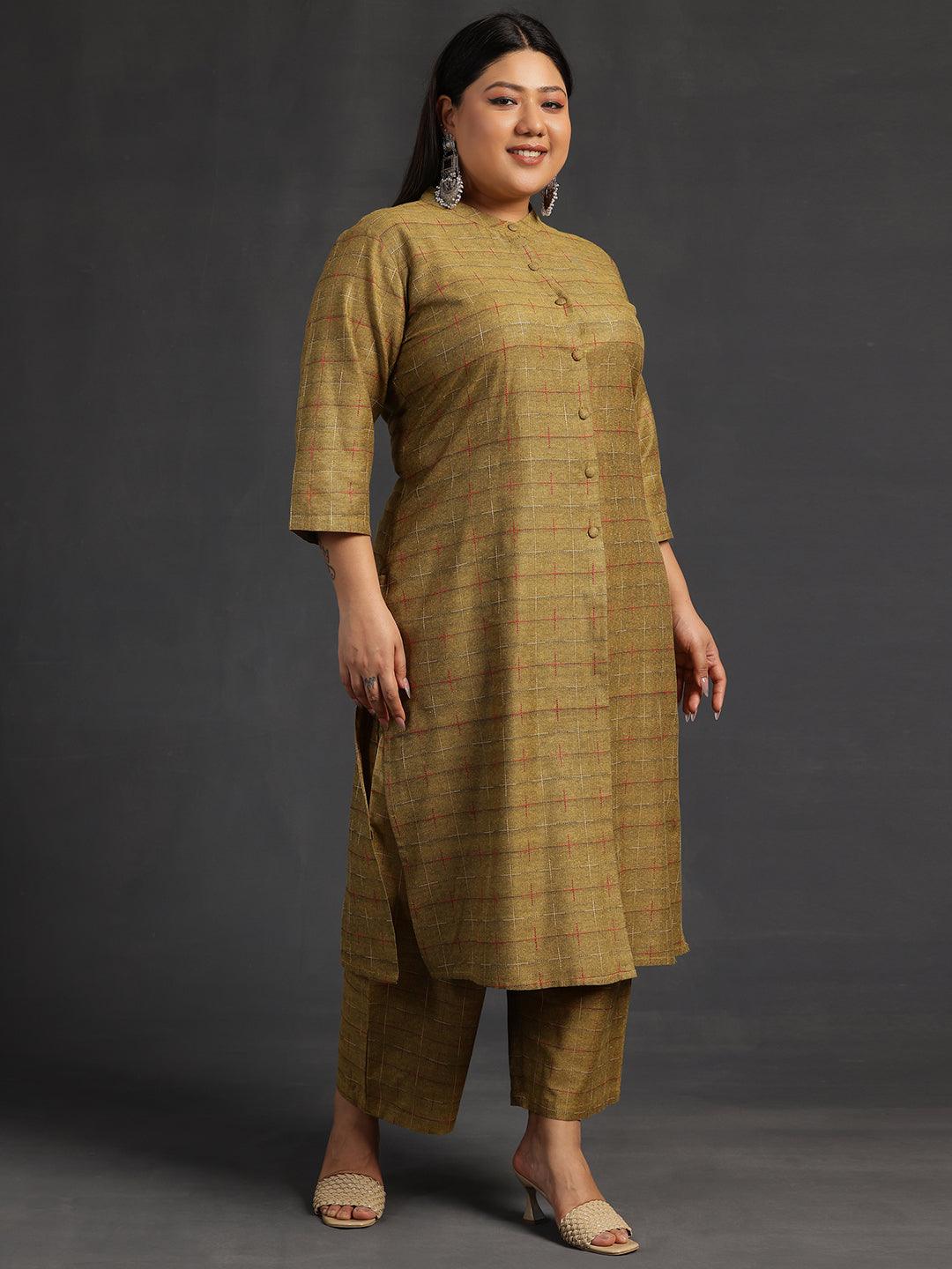 Plus Size Mustard Self Design Cotton Straight Kurta Set