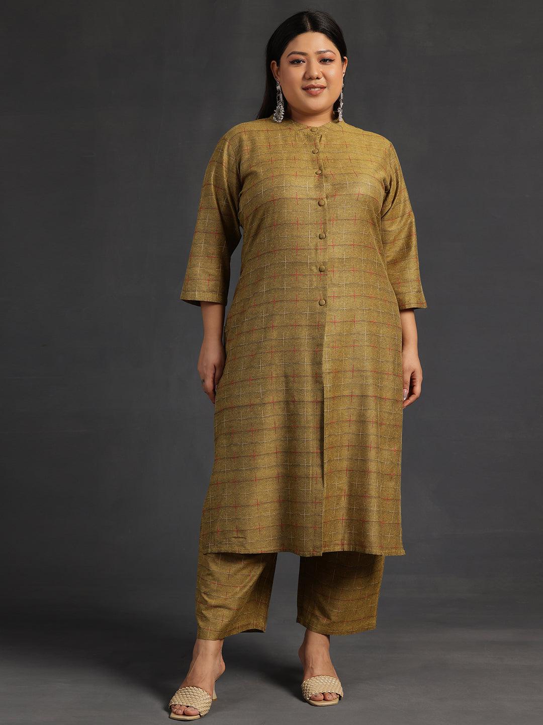 Plus Size Mustard Self Design Cotton Straight Kurta Set