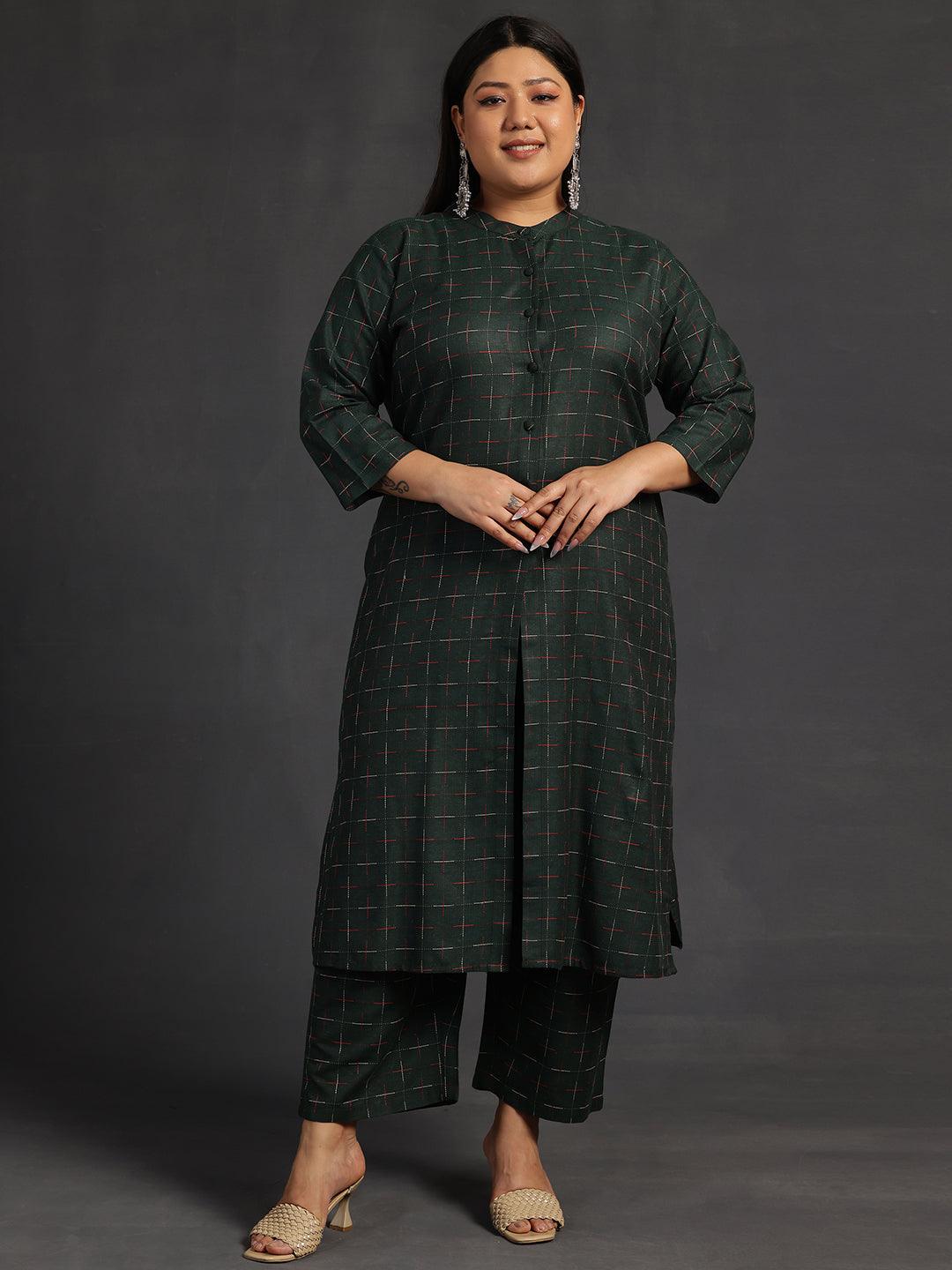 Plus Size Green Self Design Cotton Straight Kurta Set