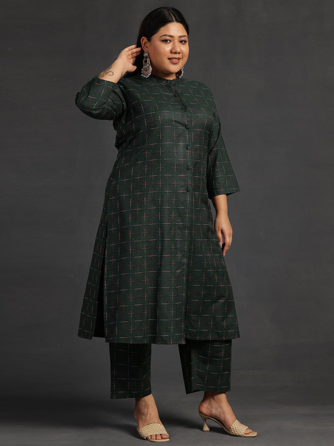 Plus Size Green Self Design Cotton Straight Kurta Set