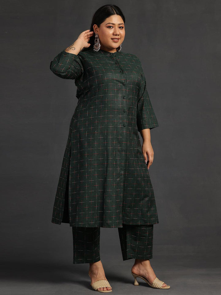 Plus Size Green Self Design Cotton Straight Kurta Set
