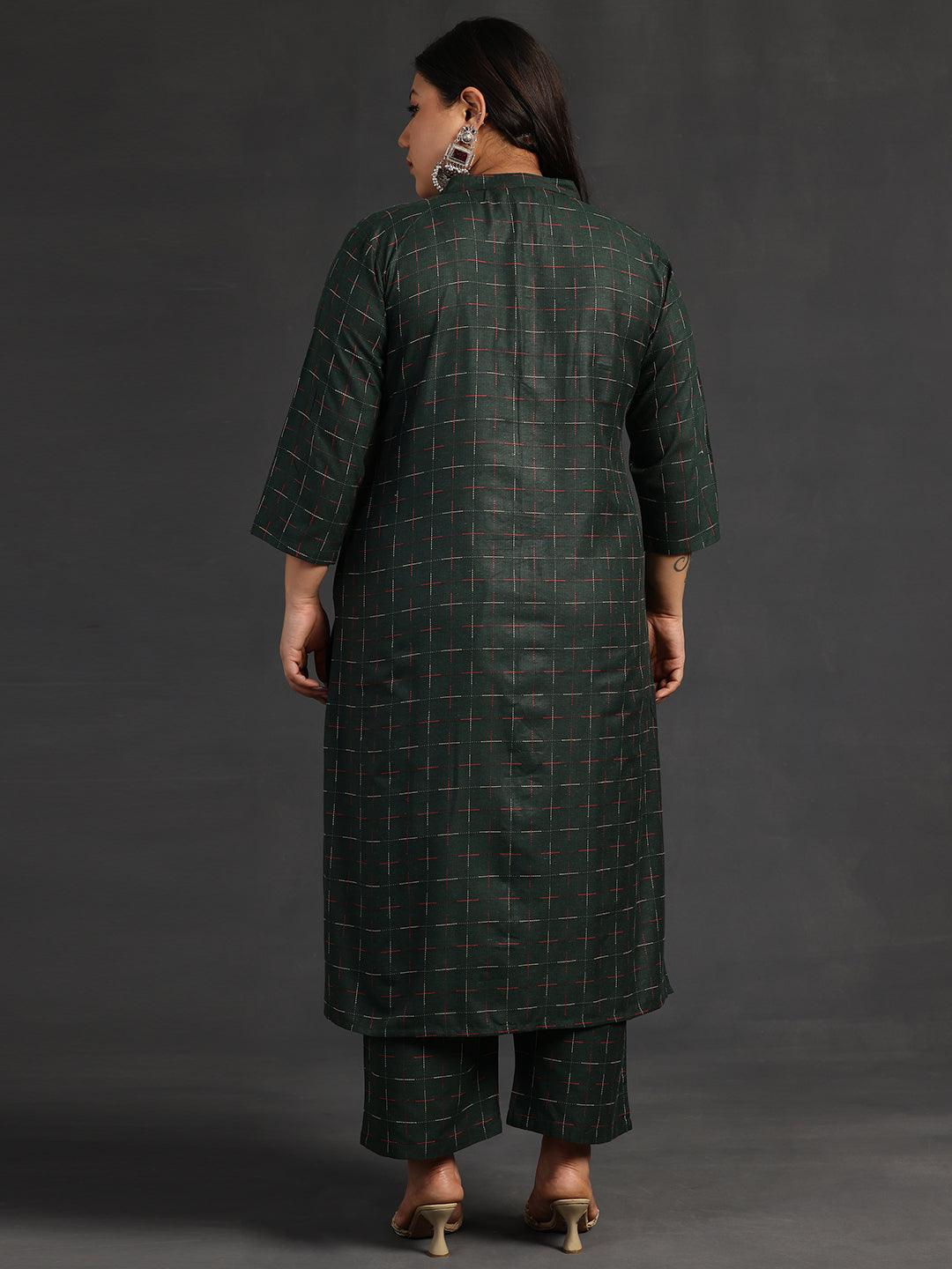 Plus Size Green Self Design Cotton Straight Kurta Set