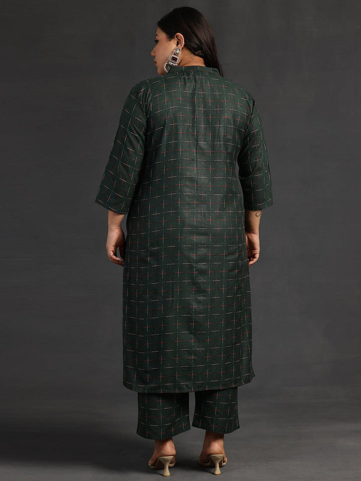 Plus Size Green Self Design Cotton Straight Kurta Set