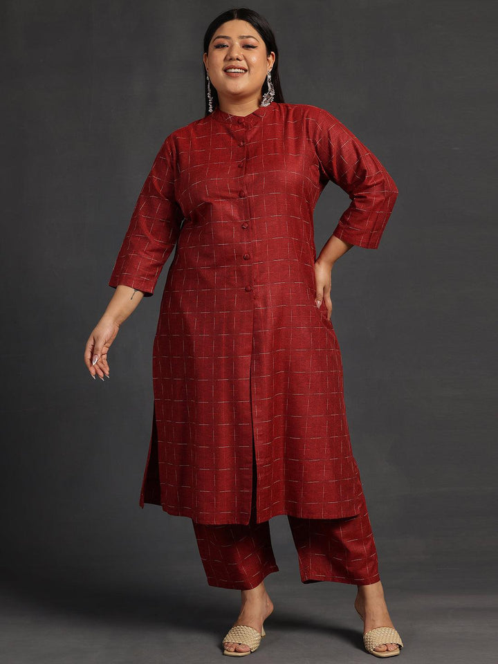 Plus Size Maroon Self Design Cotton Straight Kurta Set