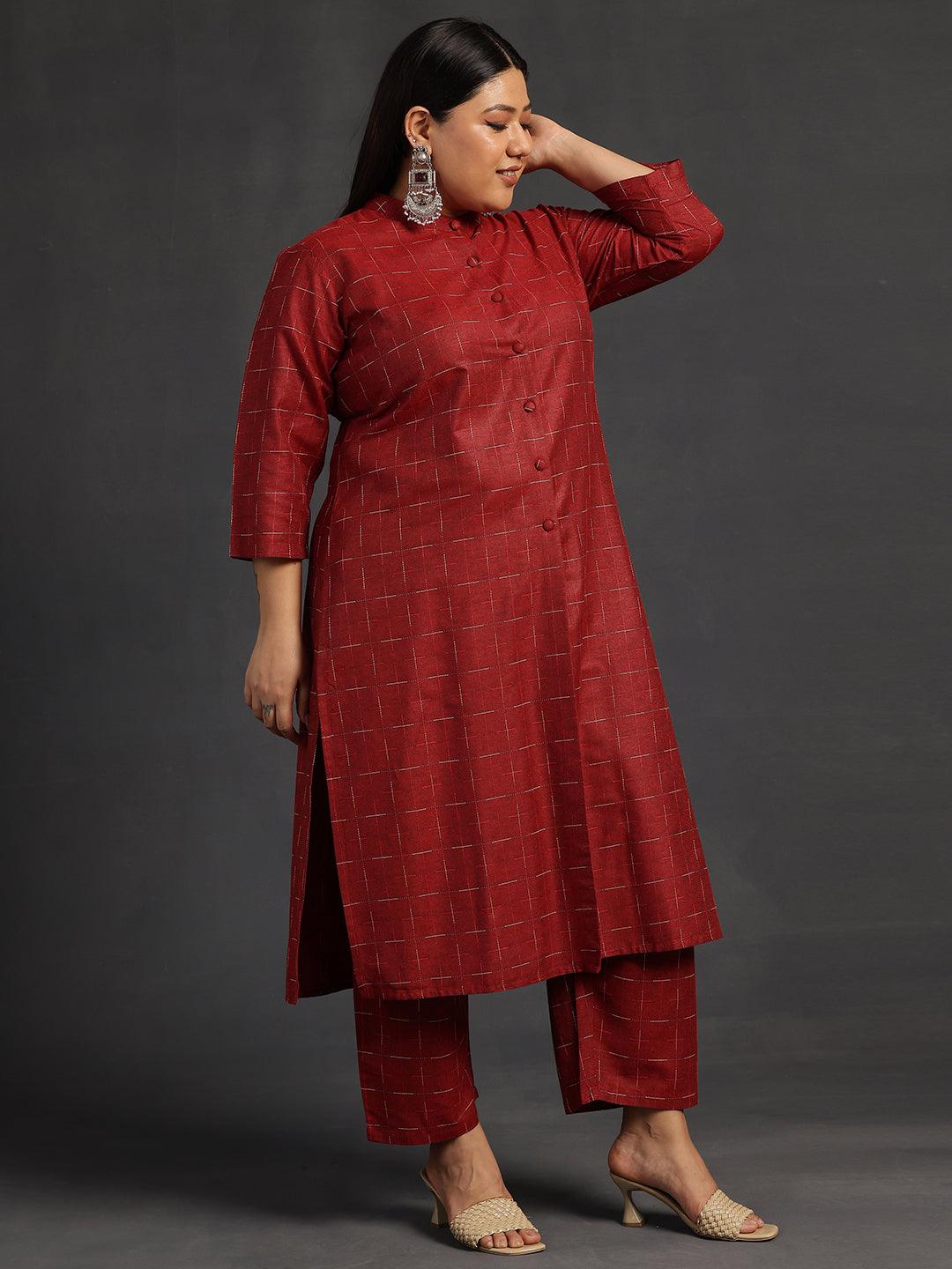 Plus Size Maroon Self Design Cotton Straight Kurta Set