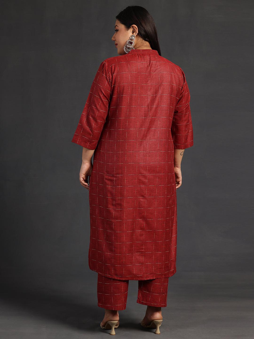 Plus Size Maroon Self Design Cotton Straight Kurta Set
