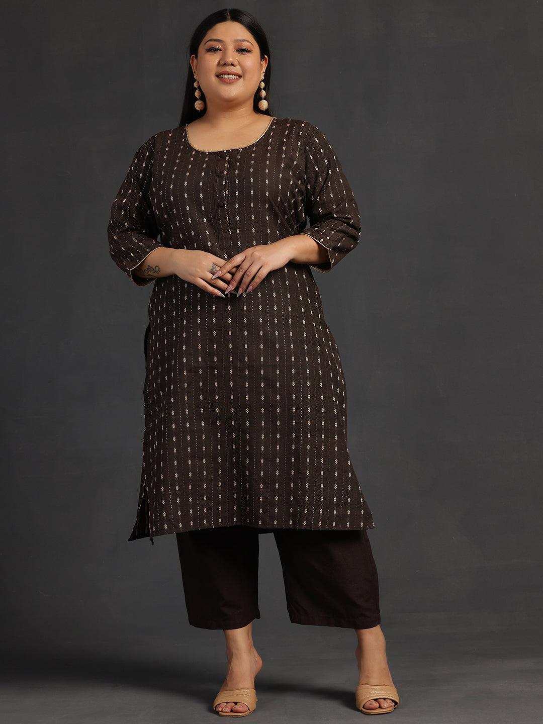 Plus Size Brown Self Design Cotton Straight Kurta Set
