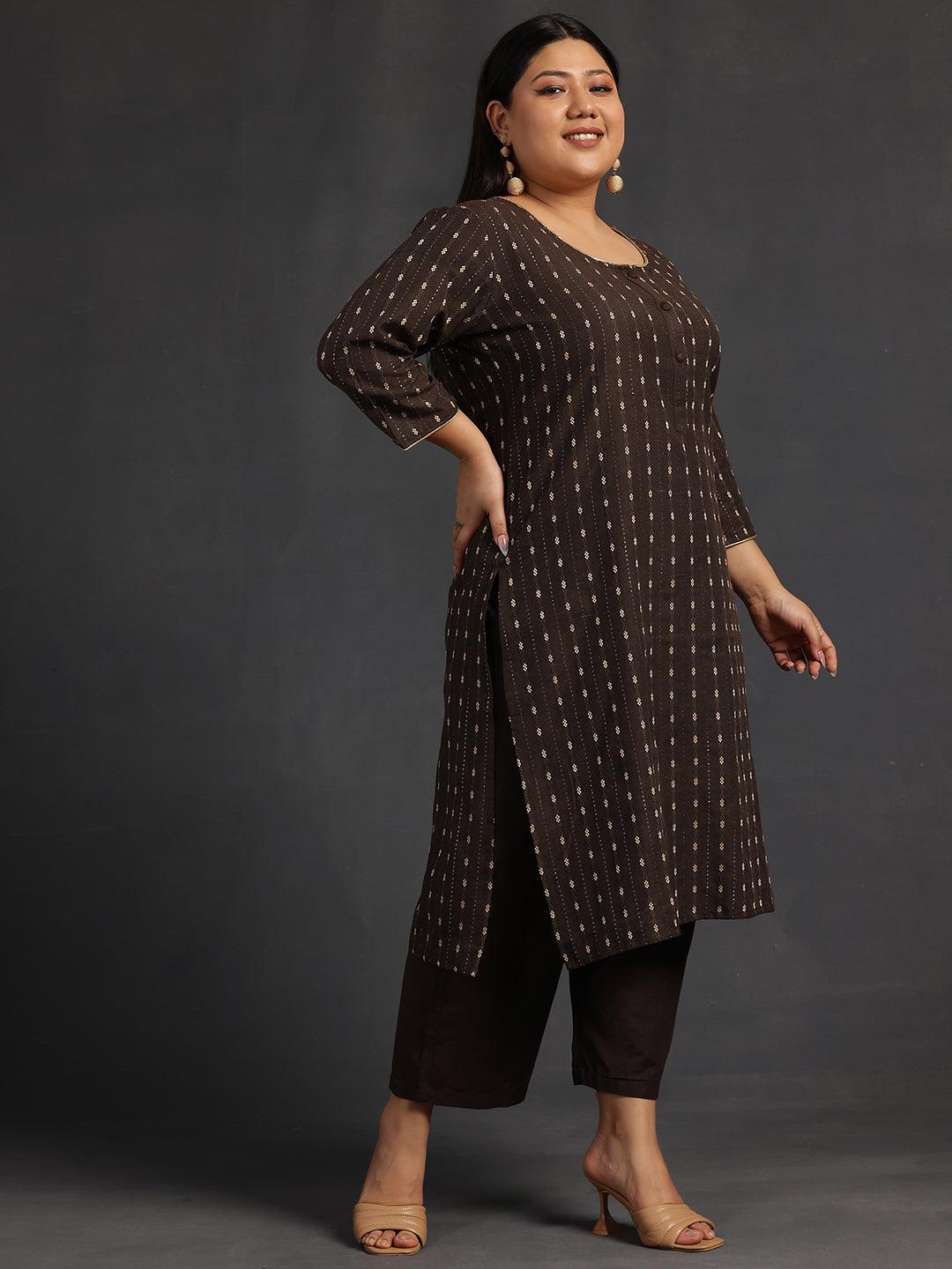 Plus Size Brown Self Design Cotton Straight Kurta Set