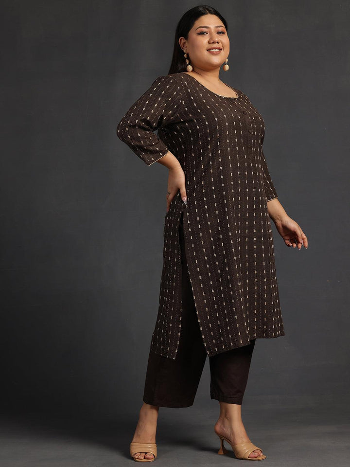 Plus Size Brown Self Design Cotton Straight Kurta Set