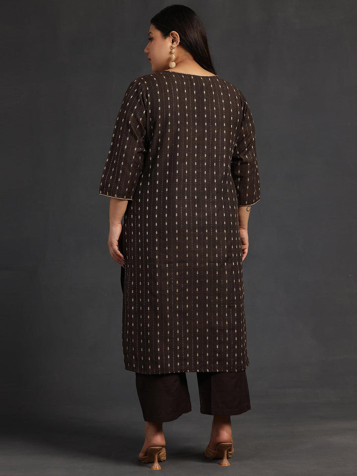 Plus Size Brown Self Design Cotton Straight Kurta Set