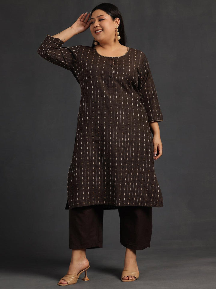 Plus Size Brown Self Design Cotton Straight Kurta Set