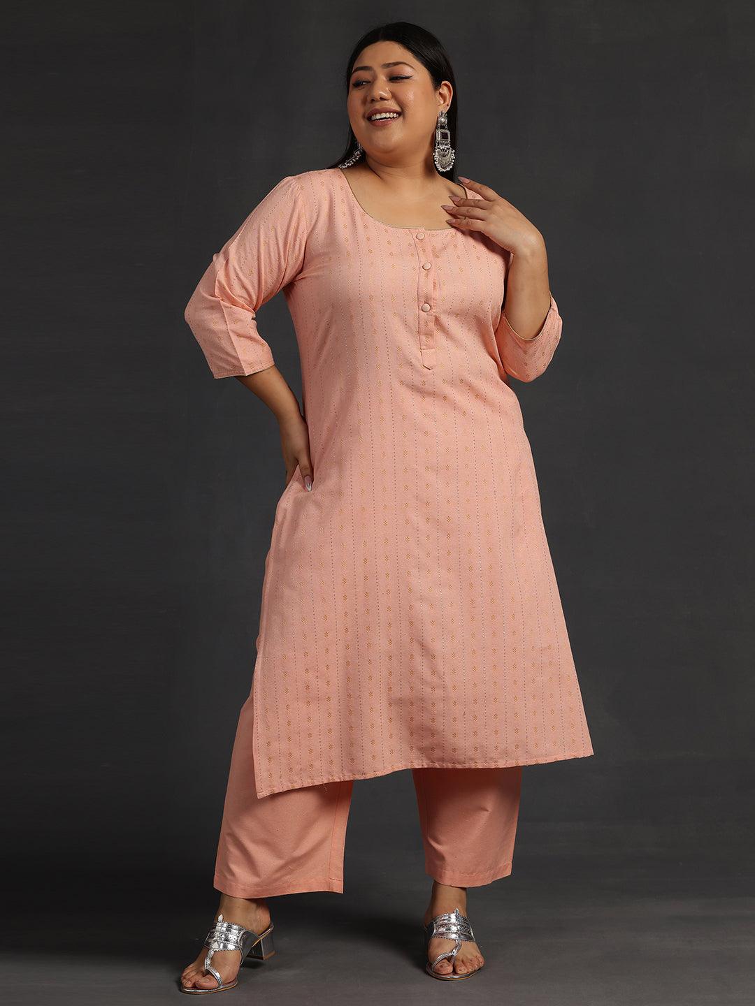 Plus Size Peach Self Design Cotton Straight Kurta Set