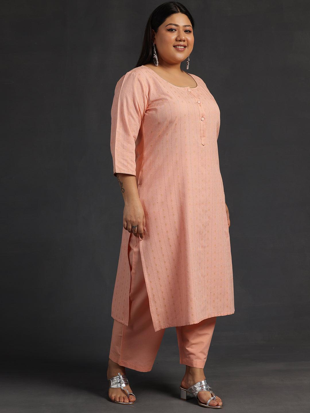 Plus Size Peach Self Design Cotton Straight Kurta Set