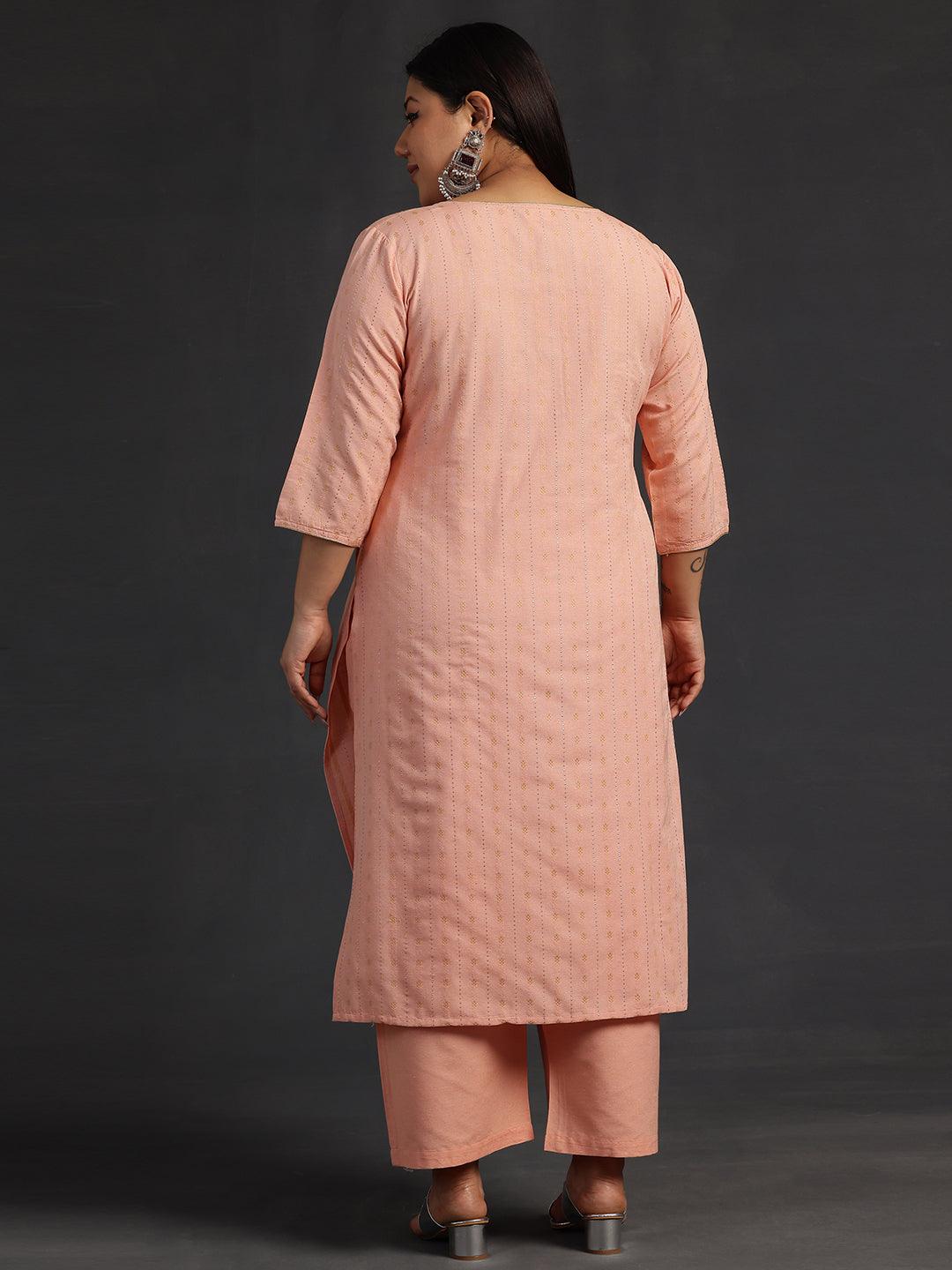 Plus Size Peach Self Design Cotton Straight Kurta Set