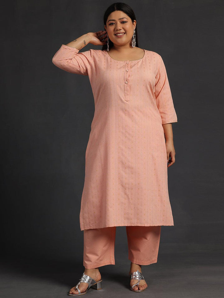 Plus Size Peach Self Design Cotton Straight Kurta Set