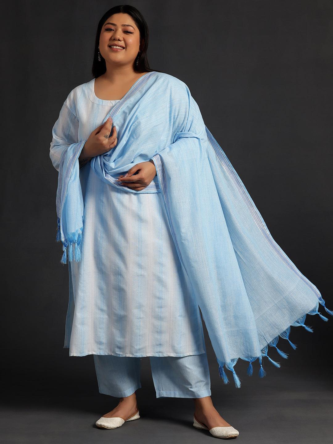 Plus Size Blue Self Design Cotton Straight Suit With Dupatta
