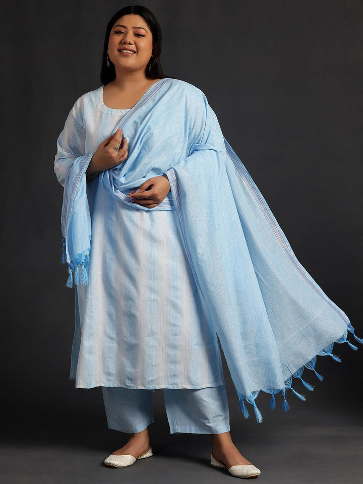 Plus Size Blue Self Design Cotton Straight Suit With Dupatta
