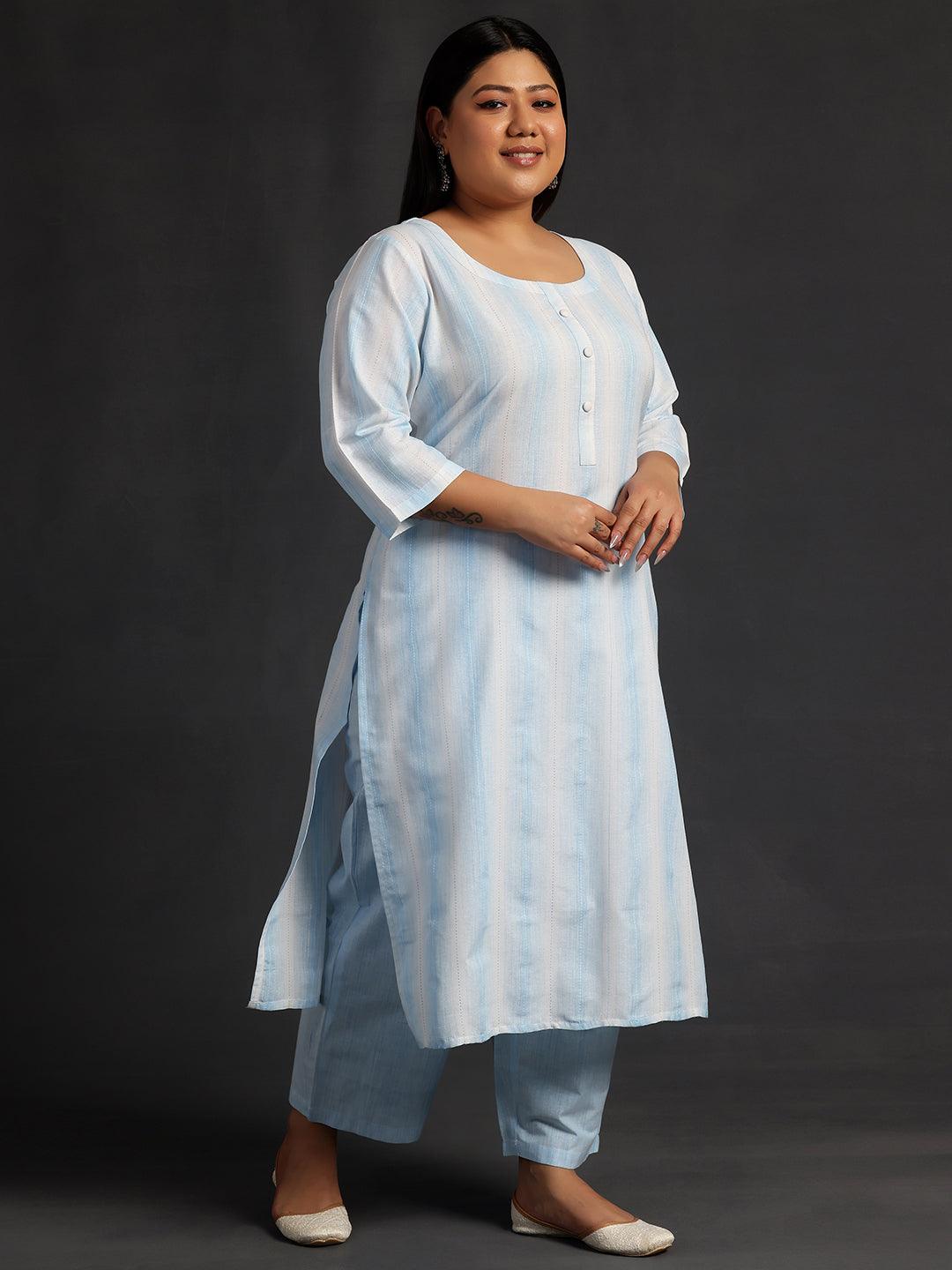 Plus Size Blue Self Design Cotton Straight Suit With Dupatta