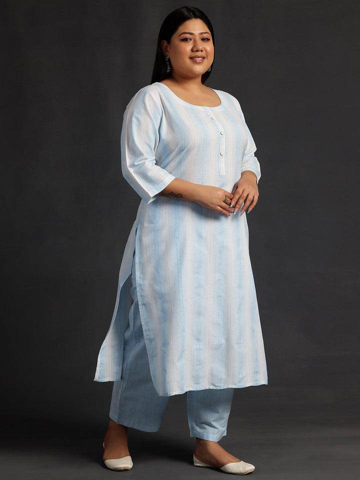 Plus Size Blue Self Design Cotton Straight Suit With Dupatta