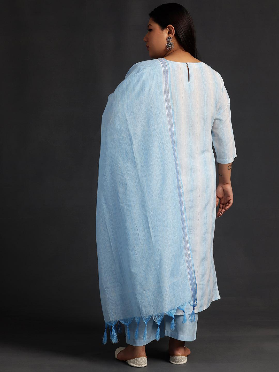 Plus Size Blue Self Design Cotton Straight Suit With Dupatta