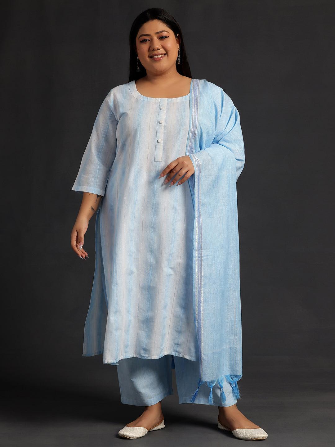 Plus Size Blue Self Design Cotton Straight Suit With Dupatta