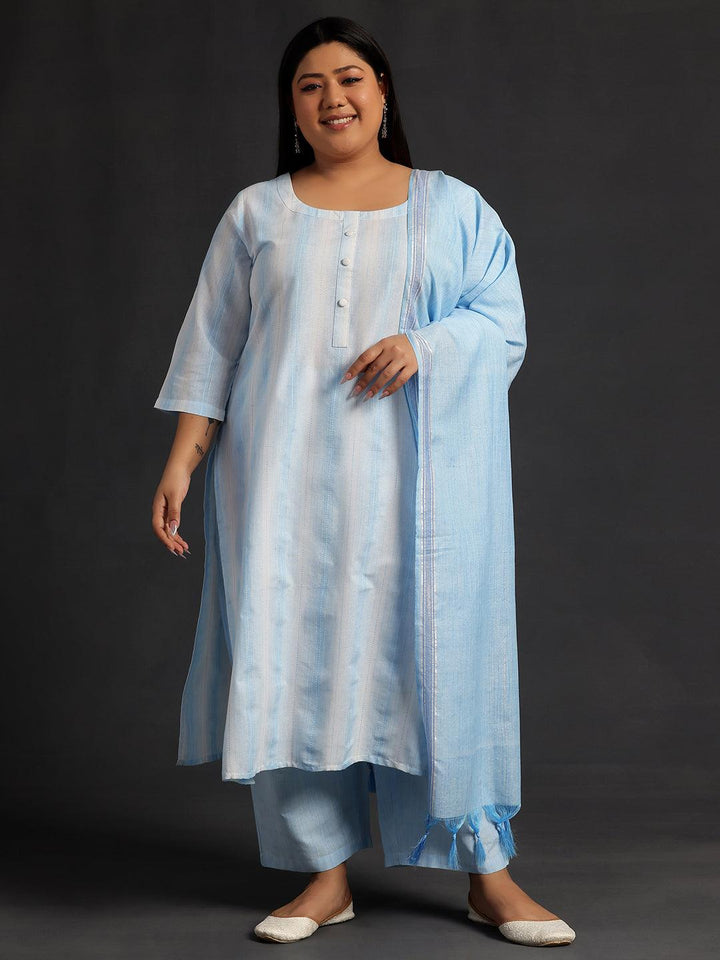 Plus Size Blue Self Design Cotton Straight Suit With Dupatta