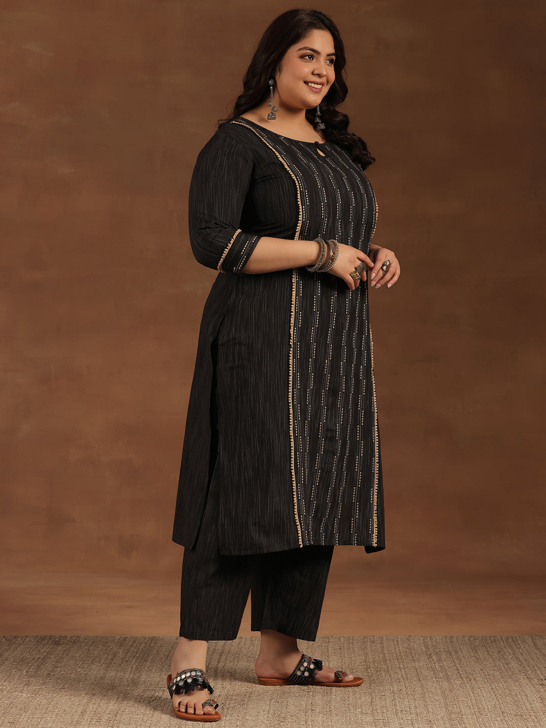 Plus Size Black Self Design Cotton Blend Straight Suit With Dupatta