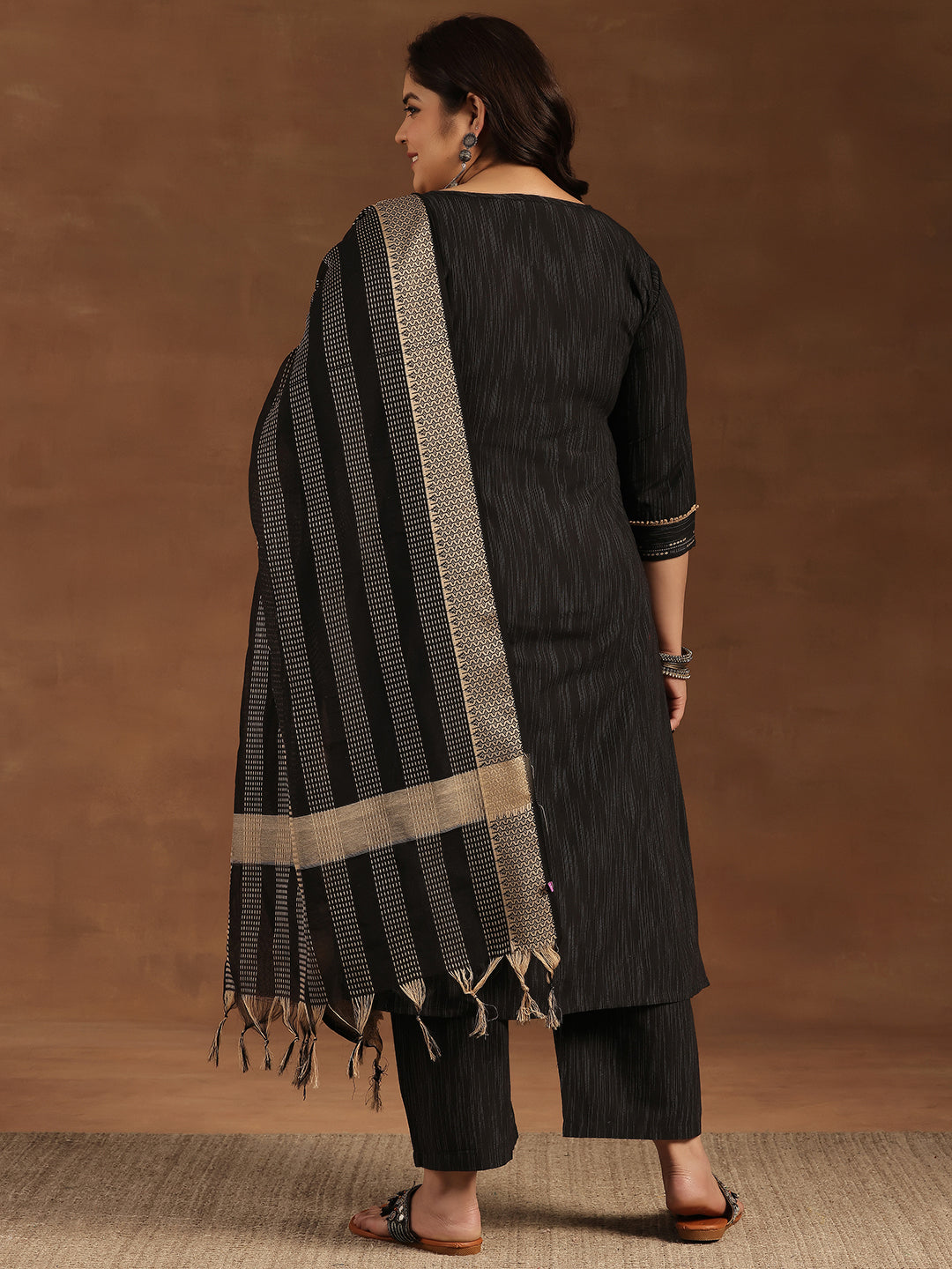 Plus Size Black Self Design Cotton Blend Straight Suit With Dupatta