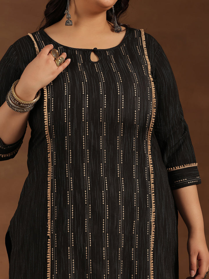 Plus Size Black Self Design Cotton Blend Straight Suit With Dupatta