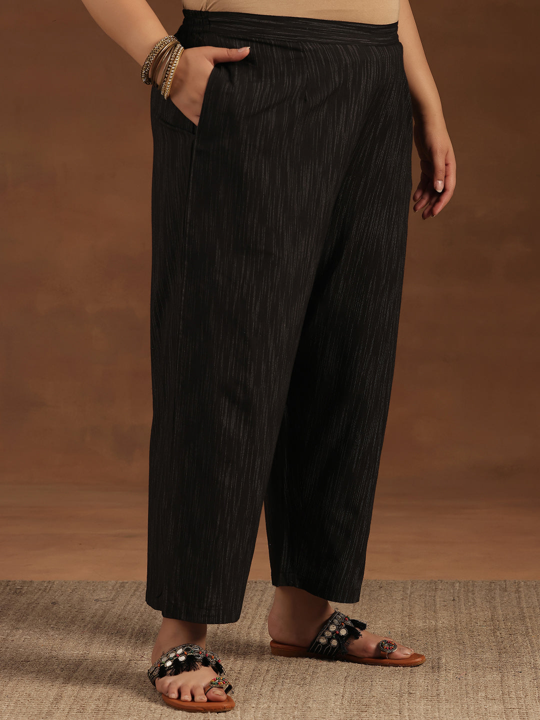 Plus Size Black Self Design Cotton Blend Straight Suit With Dupatta