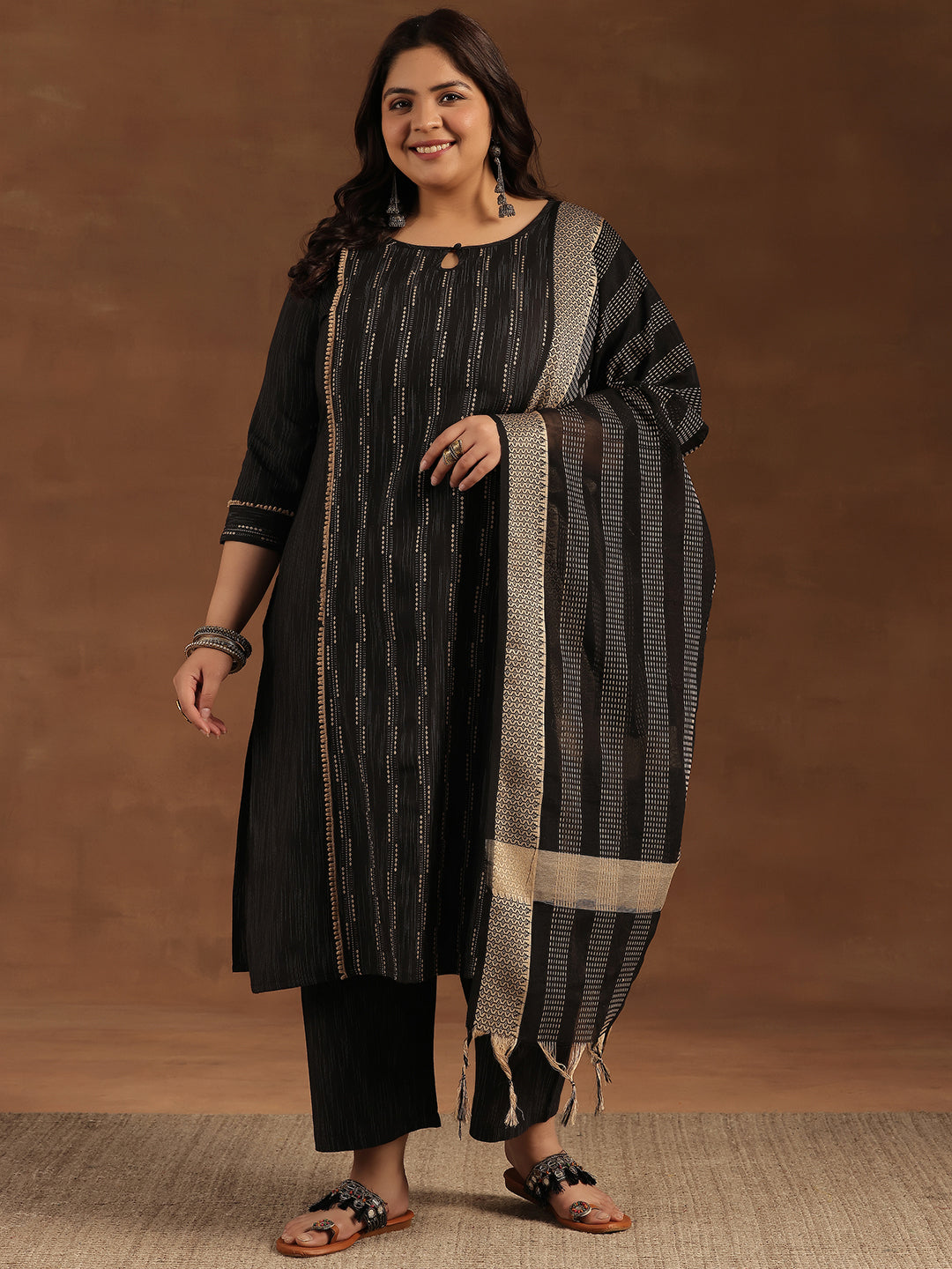 Plus Size Black Self Design Cotton Blend Straight Suit With Dupatta