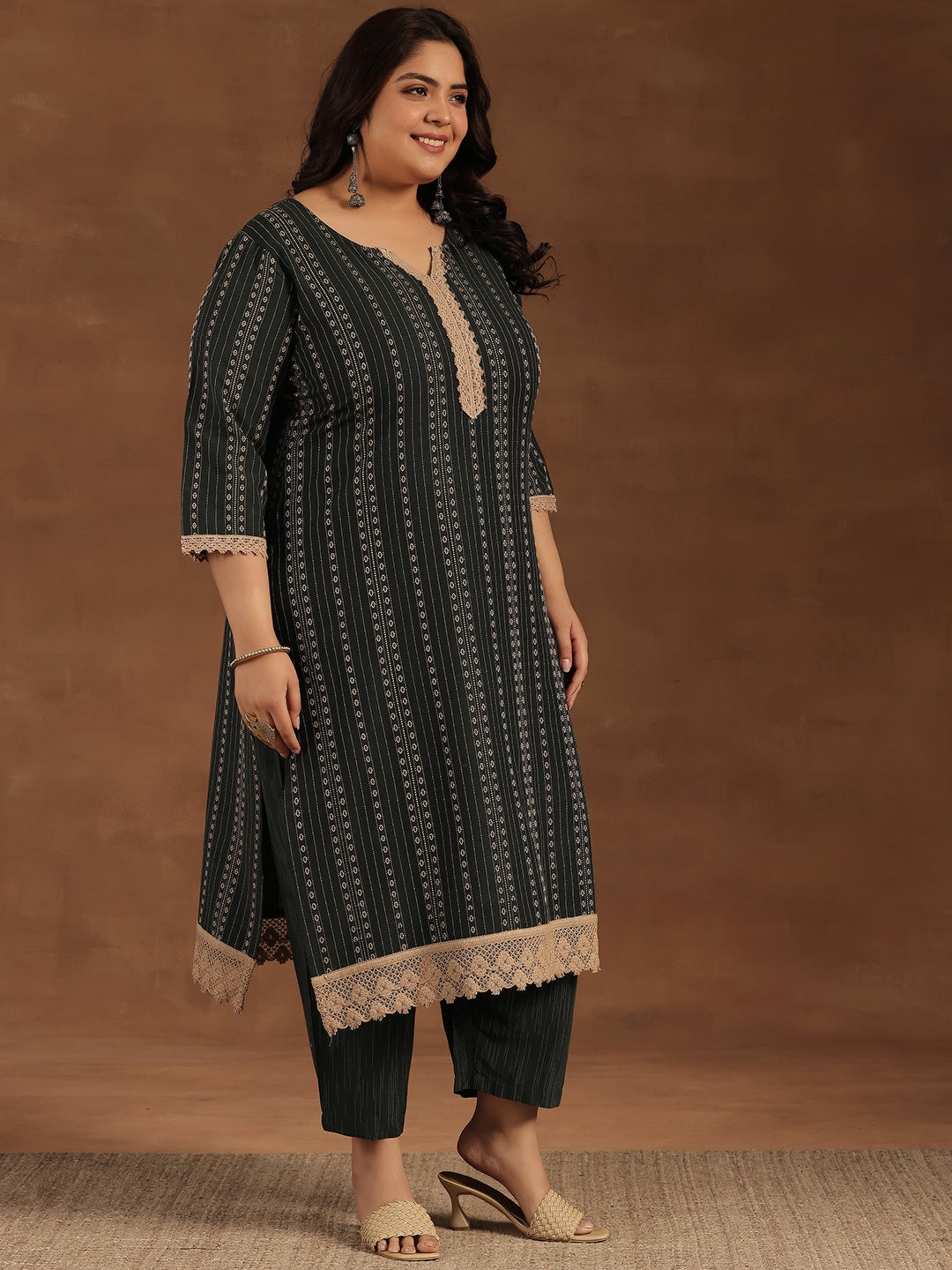 Plus Size Green Self Design Cotton Blend Straight Suit With Dupatta