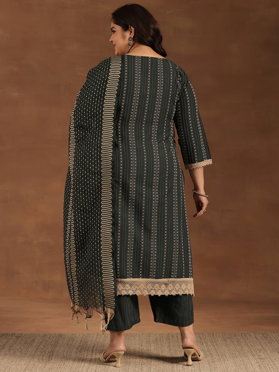 Plus Size Green Self Design Cotton Blend Straight Suit With Dupatta