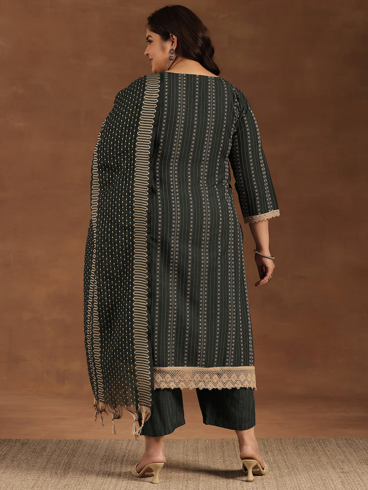 Plus Size Green Self Design Cotton Blend Straight Suit With Dupatta