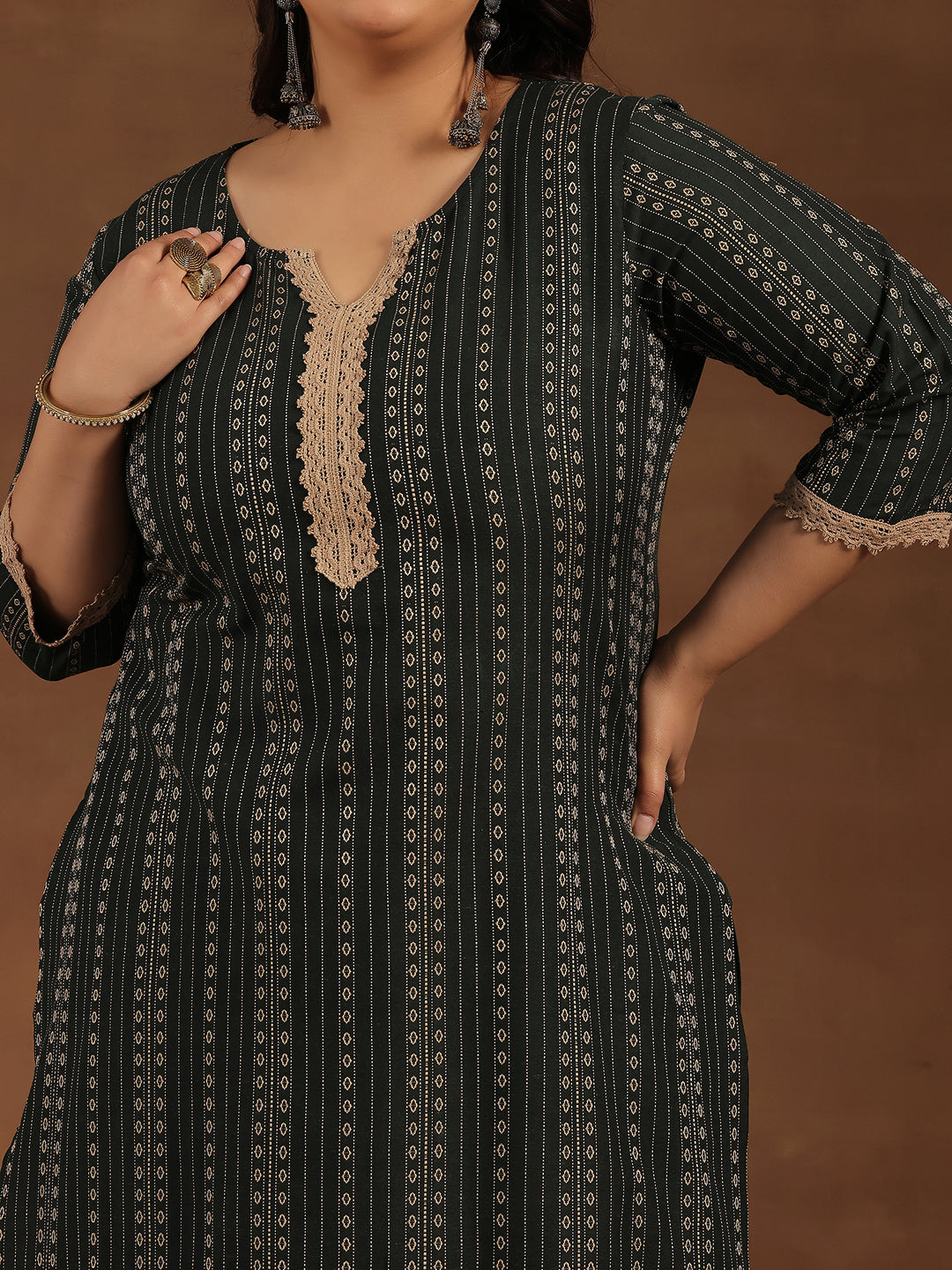 Plus Size Green Self Design Cotton Blend Straight Suit With Dupatta