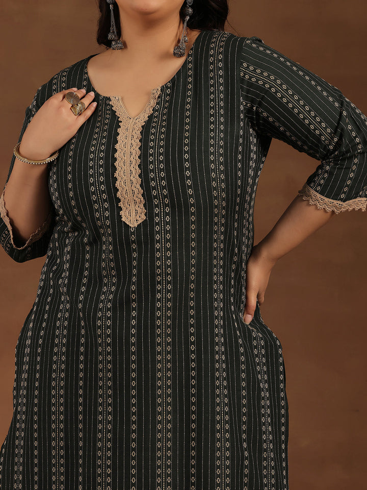 Plus Size Green Self Design Cotton Blend Straight Suit With Dupatta