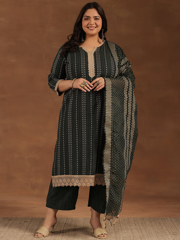 Plus Size Green Self Design Cotton Blend Straight Suit With Dupatta