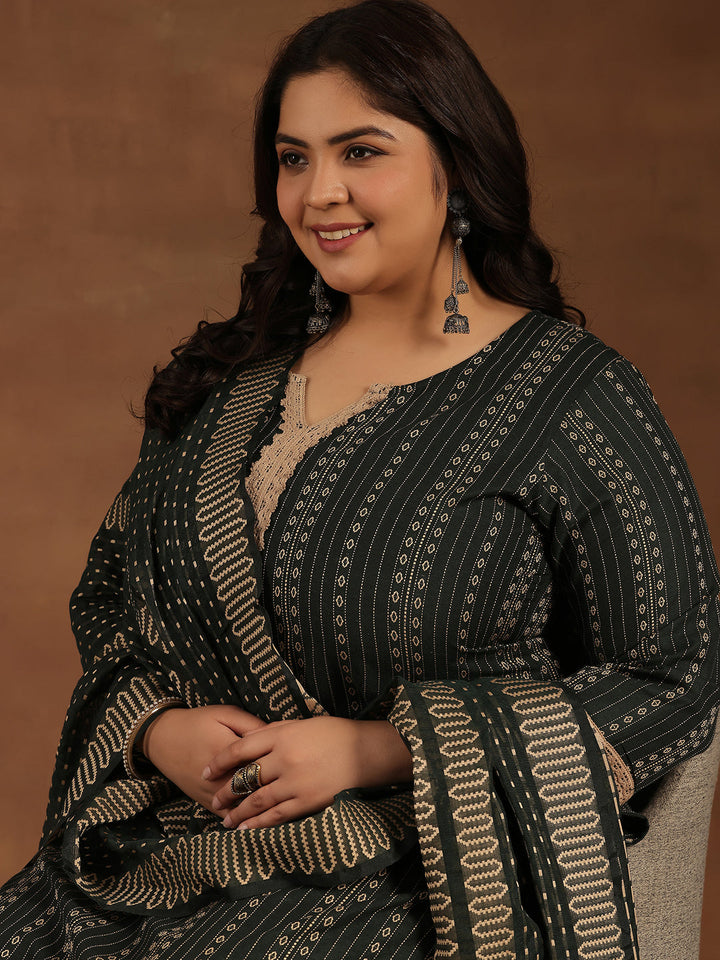 Plus Size Green Self Design Cotton Blend Straight Suit With Dupatta