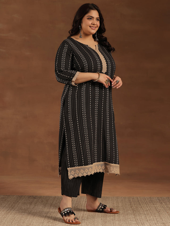 Plus Size Black Self Design Cotton Blend Straight Suit With Dupatta