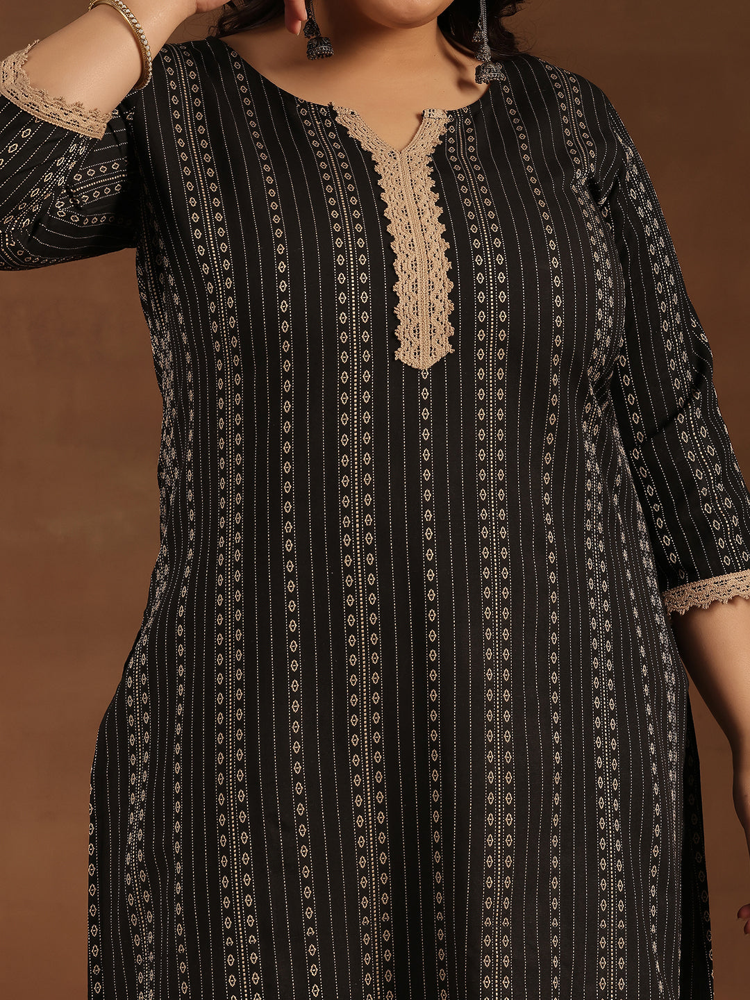 Plus Size Black Self Design Cotton Blend Straight Suit With Dupatta