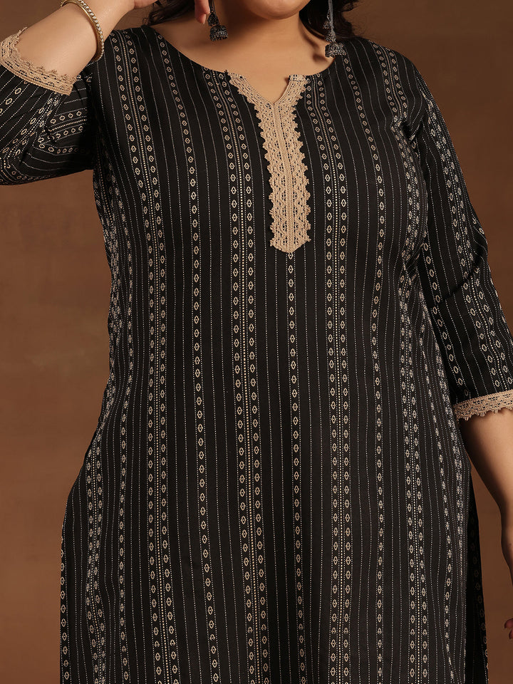 Plus Size Black Self Design Cotton Blend Straight Suit With Dupatta