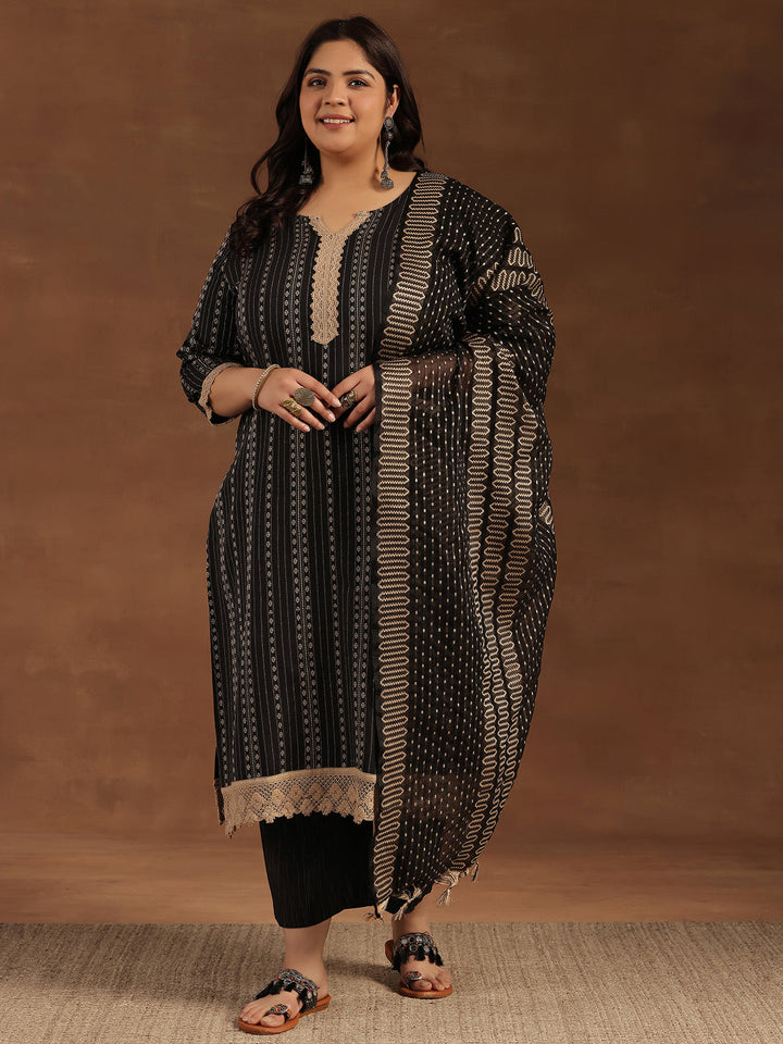 Plus Size Black Self Design Cotton Blend Straight Suit With Dupatta