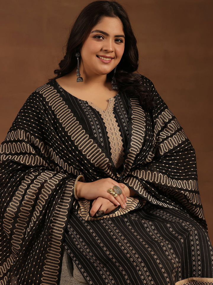 Plus Size Black Self Design Cotton Blend Straight Suit With Dupatta