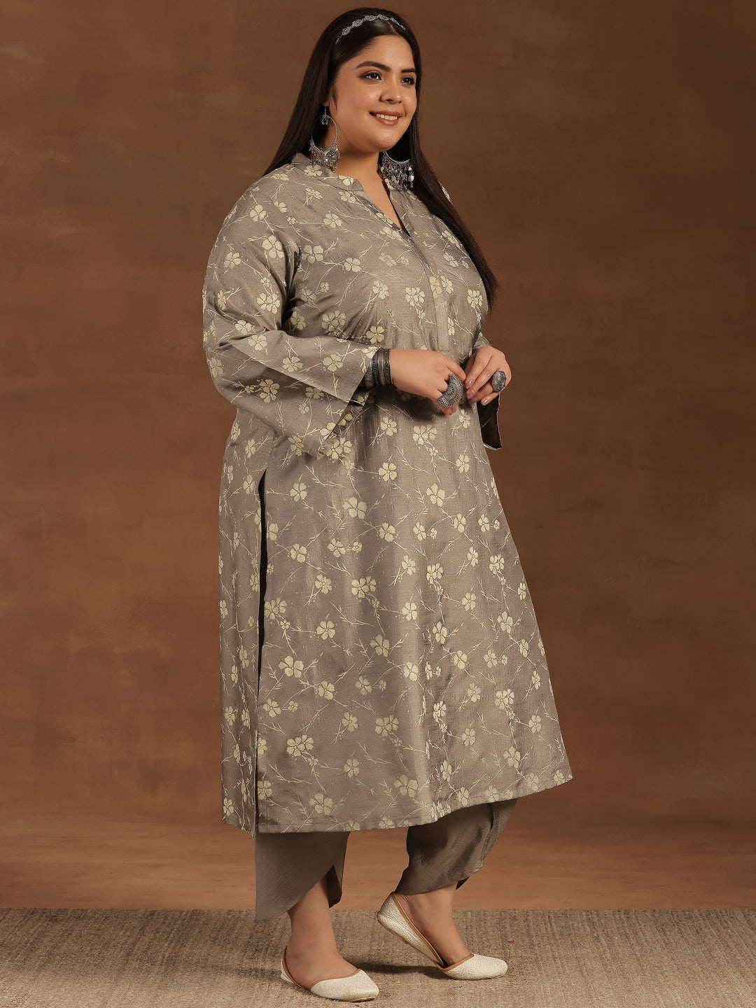 Plus Size Grey Printed Silk Blend Straight Kurta Set