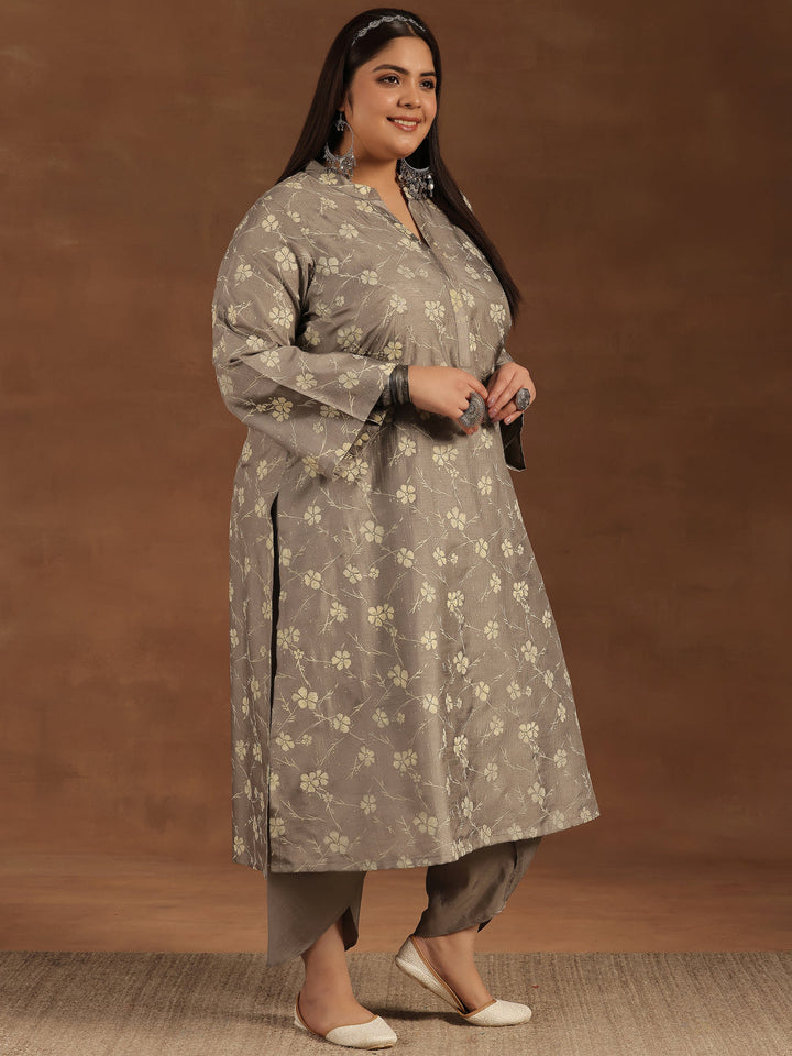 Plus Size Grey Printed Silk Blend Straight Kurta Set
