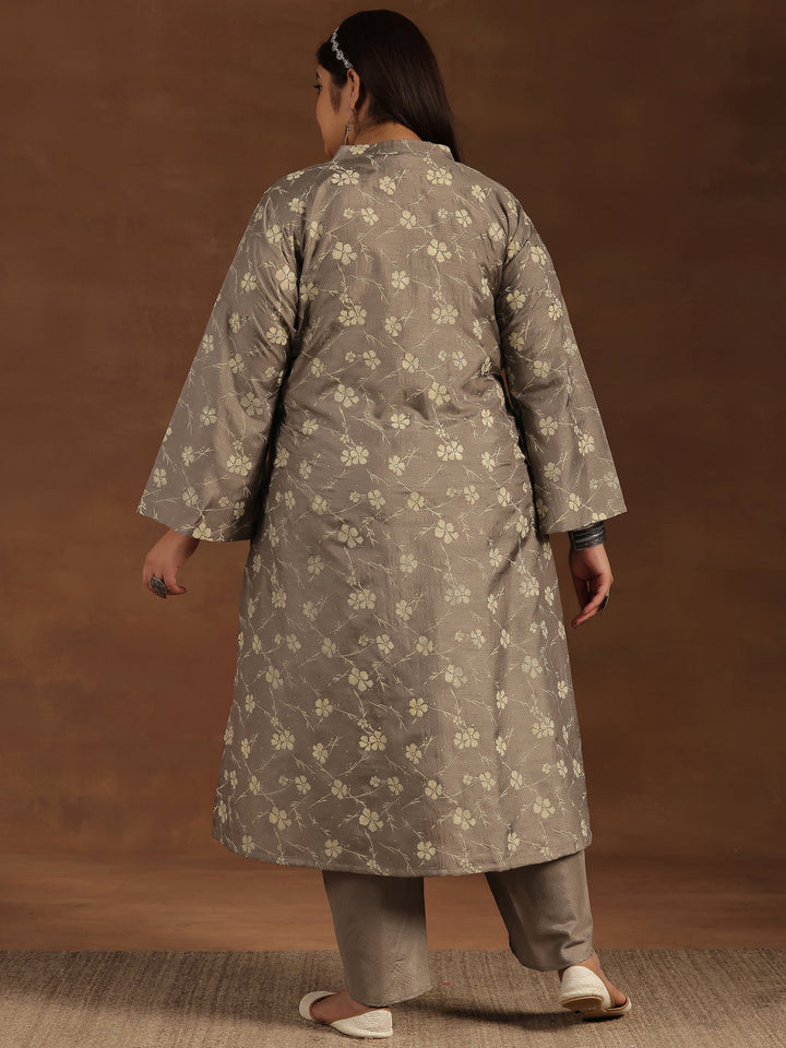 Plus Size Grey Printed Silk Blend Straight Kurta Set