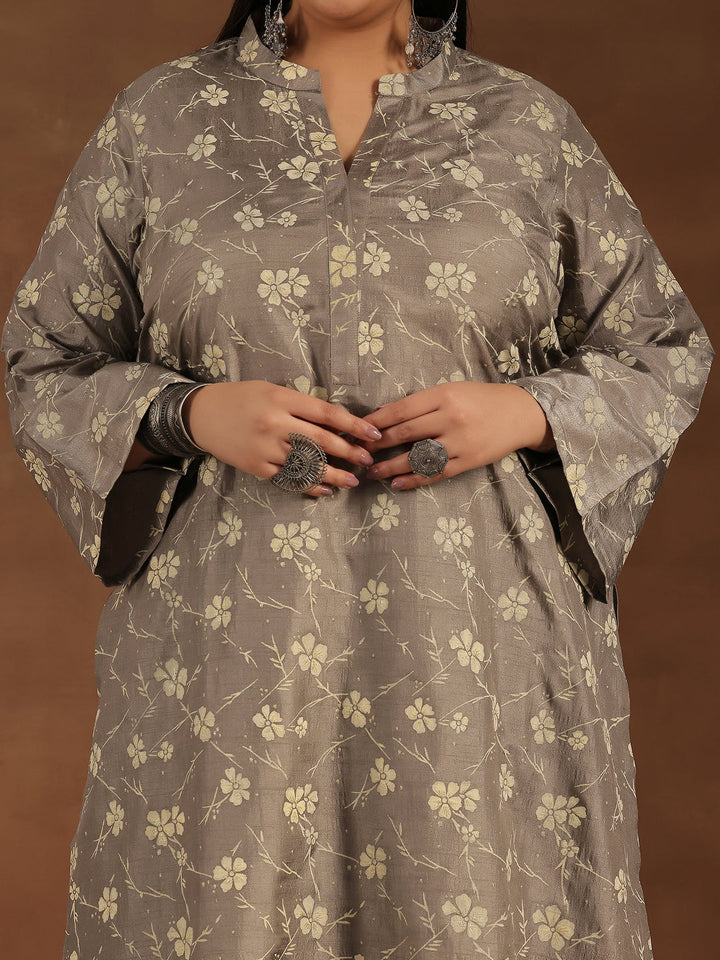Plus Size Grey Printed Silk Blend Straight Kurta Set