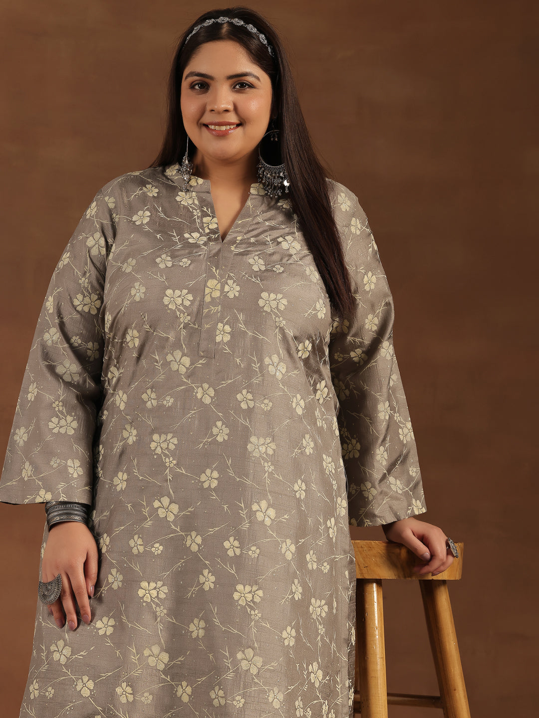 Plus Size Grey Printed Silk Blend Straight Kurta Set