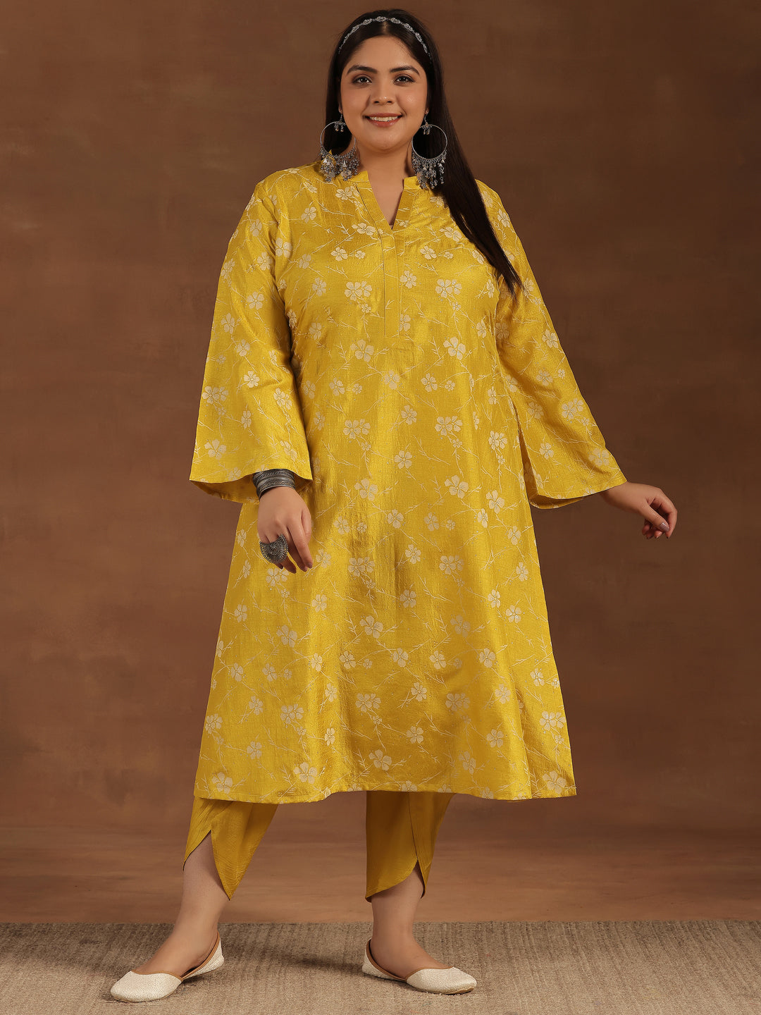 Plus Size Mustard Printed Silk Blend Straight Kurta Set