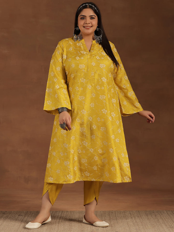 Plus Size Mustard Printed Silk Blend Straight Kurta Set